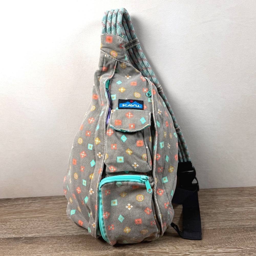 KAVU Rope Bag Fun Foulard Gray Teal Geometric Canvas Sling Backpack Boho